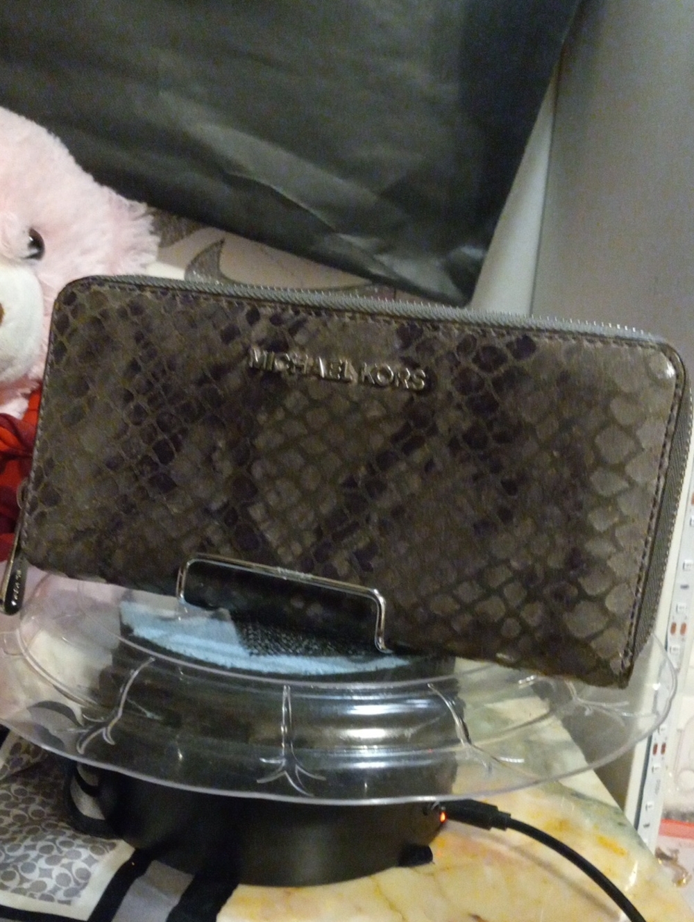 Michael Kors Dark Brown Snake-Embossed Zip Around Wallet